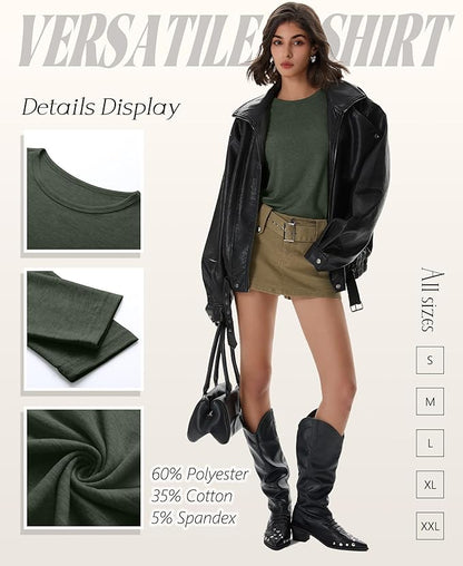 Huukeay 5 Pack Women's Crew Neck Long Sleeve Shirts, Cotton Blend Casual Clothes Workout Basic Layering Tee Tops Multipack