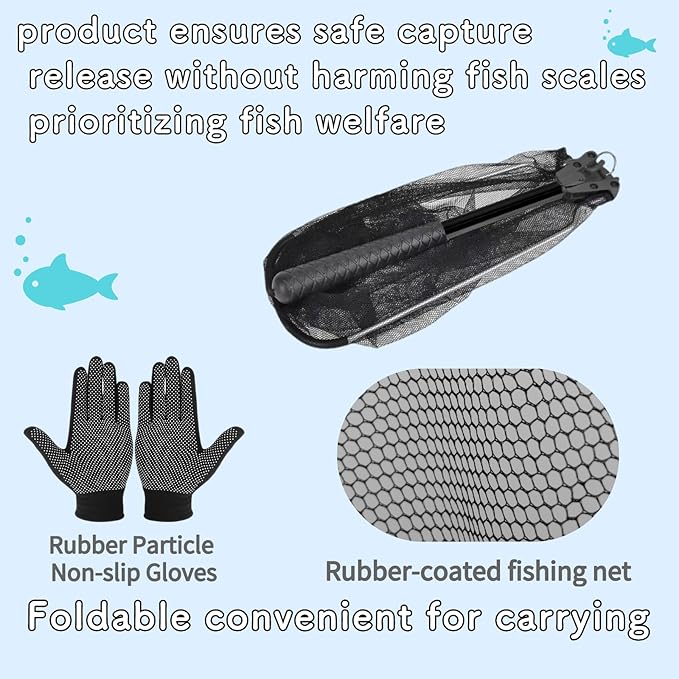 Folding Kayak Fishing Net with Aluminum Alloy Frame Rubber-Coated Nylon Net for Small Fishing Net Fishing Landing Net for Non-Slip Gloves Storage Bag
