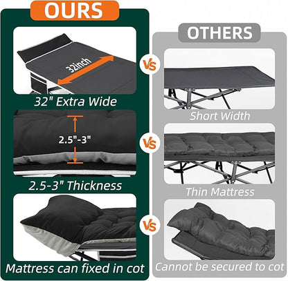 Portable Camping Cot, 32" Extra Wide Camping Cots for Adults with Thick Mattress, Heavy Duty Sleeping Cot Holds Up to 600LBS, Cots for Sleeping, Rv, Beach, Patio, Office Naps 2Pcs (Black)