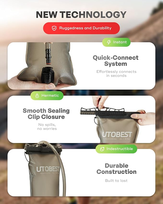 Water Bladder, Odorless Leather and Double-Layerad Water Tube Hydration Bladder, No Plastic Taste 360 Degree Rotation Bite Valve Water Reservoir