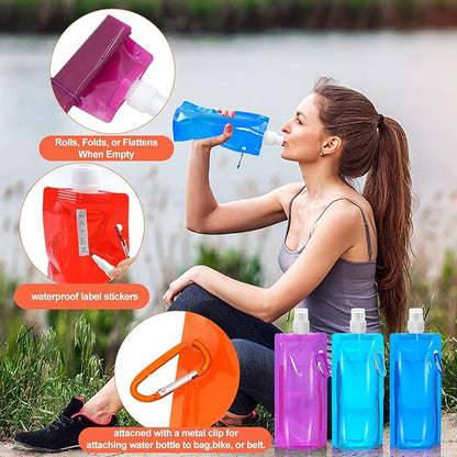 10 Pcs Collapsible Foldable Water Bottle 480ml, Leak Proof with Carabiner, BPA Free, Reusable Drinking Bags for Travel, Gym, Camping, Hiking