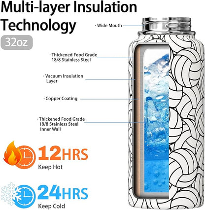 Volleyball Water Bottle 32oz Insulated Sports Water Bottles Volleyball Gifts for Men Women Gift for Volleyball Coach Lovers Fan Players Volleyball Stuff Accessories for Boys Girls