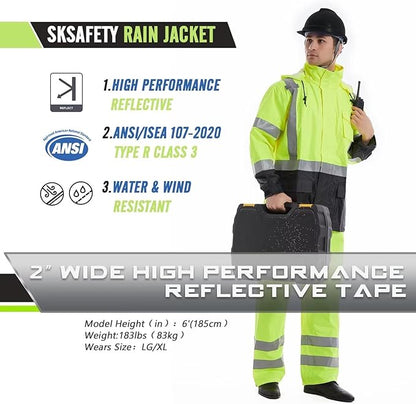 SKSAFETY Hi Vis Reflective Rain suits for Men Waterproof - High Vis Safety Rain Jacket, High Visibility Raincoat for Men