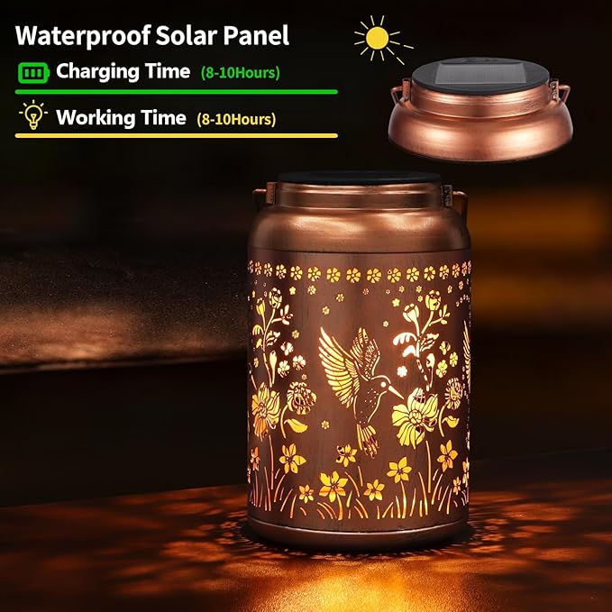 Solar Lanterns Outdoor Waterproof Hummingbird Garden Decor Gifts for Women Mom Grandma Hanging Solar Lights Metal Solar Decoration Outside for Yard, Patio, Backyard, Porch