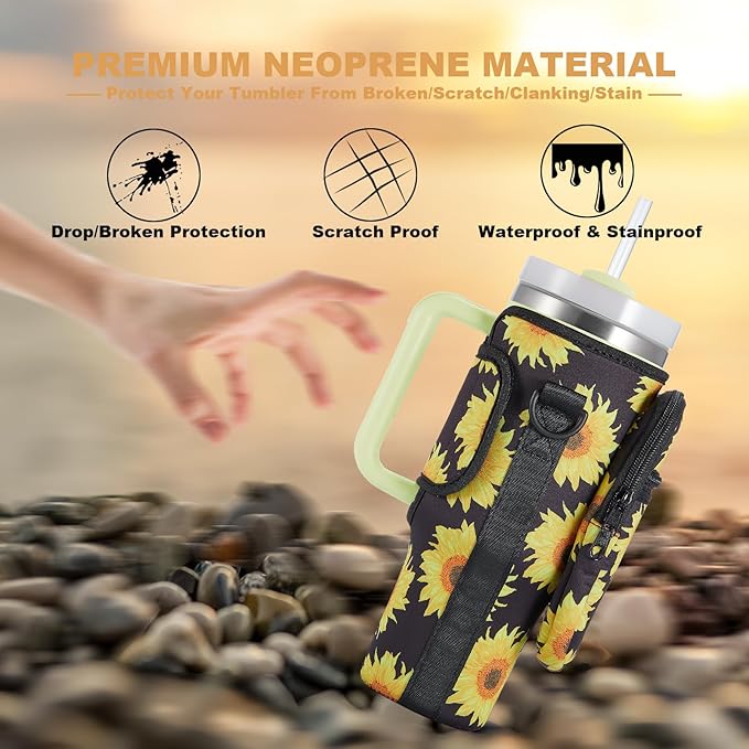 Water Bottle Carrier Bag with Phone Pocket for Stanley 40 & 30 oz Tumbler with Handle,Pink Insulated Neoprene Cup Holder Pouch w/Adjustable Strap for Quencher H2.0 Stanley Cup Accessories