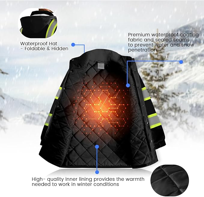 Hi Vis Rain Jackets, Reflective Safety Jacket with Pockets for Men& Women, Construction Coats for Cold Weather, Waterproof Rain Gear, Class 3, Black with Bottom Long, 4XL