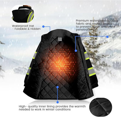 High Visibility Safety Jacket, Reflective Jacket with Pockets for Men& Women, Construction Coats for Winter Cold Weather, Waterproof High Vis Rain Gear, Class 3 Black with Bottom Long, S