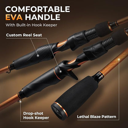 KastKing Lethal Blaze Twin-tip Fishing Rod and Reel Combo, Spinning & Baitcaster Combo, Flame Pattern Design, IM6 Graphite 2Pc Rod with Backup Tip Section, Stainless-Steel Guides, EVA Handle