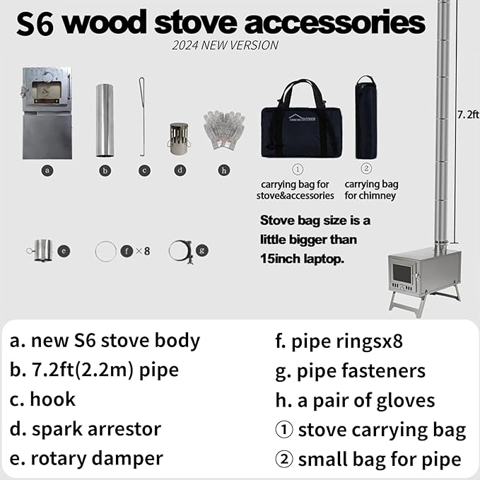 DANCHEL OUTDOOR S6/SSG Portable Folding Hot Tent Camping Stove, 304 Stainless Steel Small Tent Wood Stove with 7.2ft Pipe for Winter Survival,Cooking, Backpacking