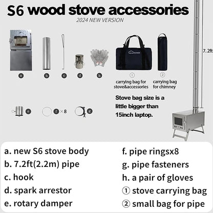 DANCHEL OUTDOOR S6/SSG Portable Folding Hot Tent Camping Stove, 304 Stainless Steel Small Tent Wood Stove with 7.2ft Pipe for Winter Survival,Cooking, Backpacking