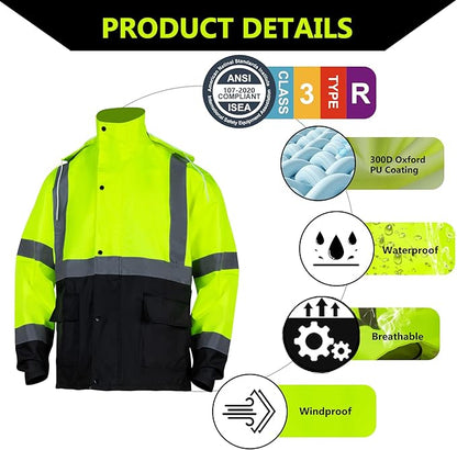 FONIRRA Class 3 High Visibility Rain Suit With Detachable Hood Waterproof Lime Reflective Safety Worker Jacket & Pants (4XL/5XL Yellow)