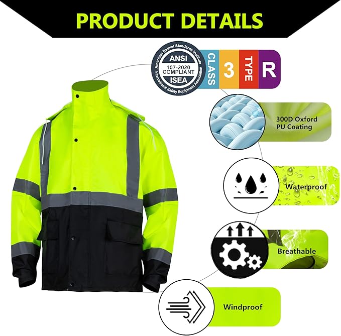 FONIRRA Class 3 High Visibility Rain Suit With Detachable Hood Waterproof Lime Reflective Safety Worker Jacket & Pants (S/M Yellow)