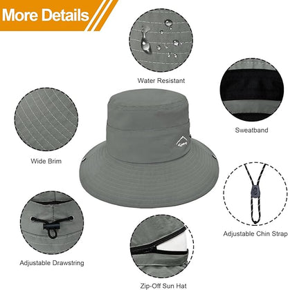 Sun Hats for Women Bucket Hat UV Protection Fishing Hat Wide Brim Safari Hats 2 in 1 Zip-Off Sun Visor Hats UPF 50+