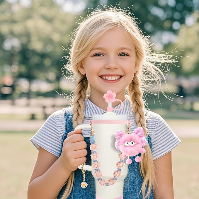 Stanley Cup Accessories Set for 40oz & 30oz Tumblers - Handle Strap, Spill-Proof Stopper, Silicone Straw Cover, Boot Base Protector, Keychain & Handle Charms(Pink)
