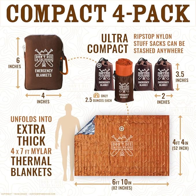 Don't Die In The Woods - Extra Thick Emergency Blankets [4-Pack] World’s Toughest Thermal Mylar Space Blanket | Outdoor Survival Gear for Hiking Camping First Aid Kit (Orange)