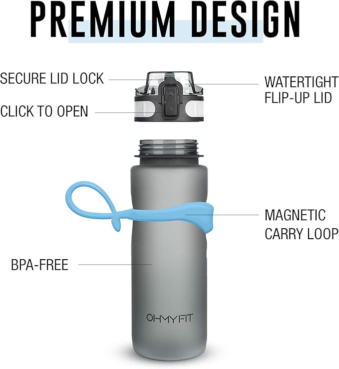 Tritan Sports Water Bottle with Magnetic Silicone Carry Strap & One Click Open Cap - Magnetic Drink Holder for Metal Equipment - Bottle w/Straps for Backpack, Belt & More (30oz, Sky Blue)