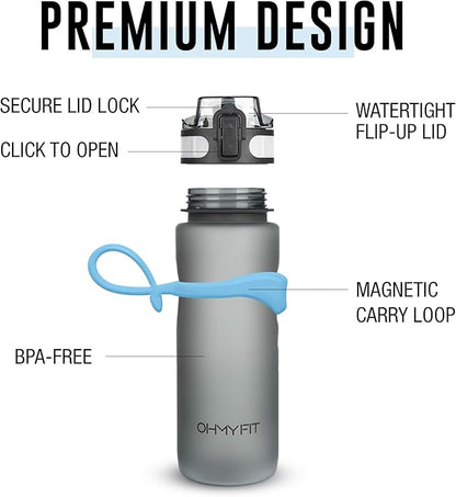 Tritan Sports Water Bottle with Magnetic Silicone Carry Strap & One Click Open Cap - Magnetic Drink Holder for Metal Equipment - Bottle w/Straps for Backpack, Belt & More (30oz, Sky Blue)