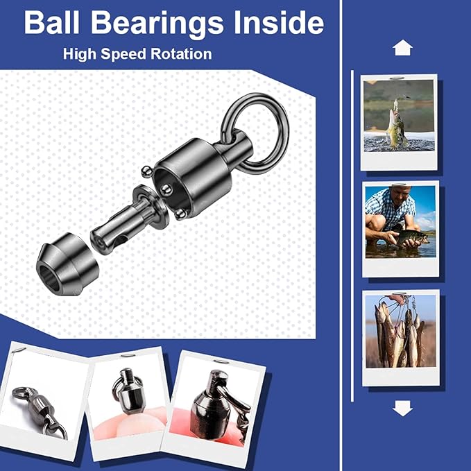 QISHUO High Strength Fishing Swivel Steel Ball Bearing Fishing Swivels Stainless Connector Rolling Snap Swivels Fishing Black Nickel 30lbs-160lbs