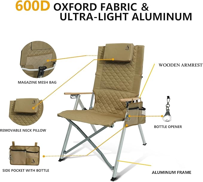 Reclining Camping Chair, Heavy Duty Folding Chairs with 4-Stage Adjustable High Back for Adults, Compact Foldable Outdoor Patio Reclining Chair with Storage Bag (Khaki, 2 Pack)