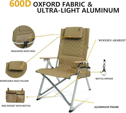 Reclining Camping Chair, Heavy Duty Folding Chairs with 4-Stage Adjustable High Back for Adults, Compact Foldable Outdoor Patio Reclining Chair with Storage Bag (Khaki, 2 Pack)