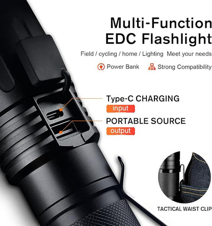 SuperFire Flashlights High Lumens Rechargeable, Powerful LED Pocket Flashlight with Clip, 2100 Lumens Waterproof Tactical Flash Light with Zoomable Focus, 5 Lighting Modes for Camping, Hiking, Working