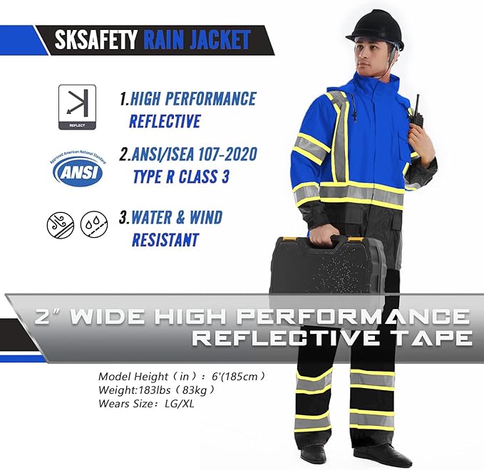 SKSAFETY Hi Vis Reflective Rain suits for Men Waterproof - High Vis Safety Rain Jacket, High Visibility Raincoat for Men