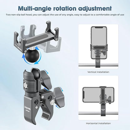 Riding Phone Clip Kit, Dual Knob Single Socket Arm and Aluminium Handlebar Base Mount Strong Rod Clamp, Suitable for Installation in 0.55-1.77” Diameter Steel Round Bar (KPS-07)