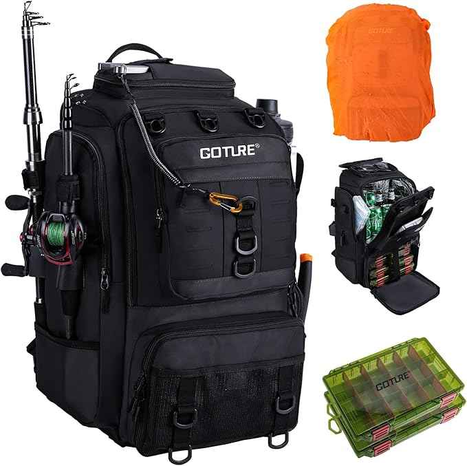 Goture 40L Fishing Tackle Backpack with Cooler and 2 3600 fishing tackle boxes, 900D Water-Resistant Tackle Backpack with Removable Bait Binder, 2 Rod Holders and Rain Cover,Black backpack