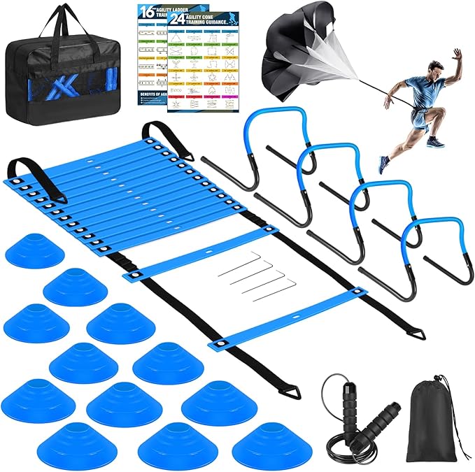 Agility Speed Training Equipment Set, Football Practise Set with 20ft Agility Ladder, 12 Cones, 4 Adjustable Hurdles, Jump Rope, Parachute, for Basketball, Soccer, Football, Kids, Youth, Adults