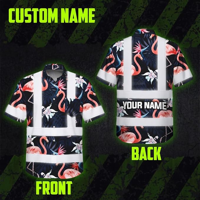 High Visibility Hawaiian Shirt for Men Tropical Shirts Custom Name Floral Outfit Reflective Safety Workwear