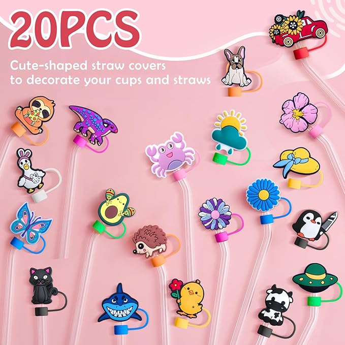 Stanley Cup Accessories Set Including 20 Pcs Straw Cover Cap for 9-10 mm Straws, Cute Drinking Straw Plugs for Stanley 40oz & 30oz Tumbler Cups