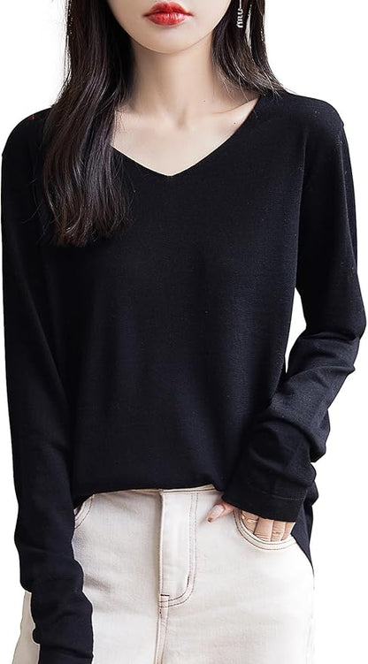 Chanyarn Women's 100% Merino Wool Base Layer Shirt Tops V Neck Long Sleeve Travel Hiking Tee T Shirt Pullover Sweater