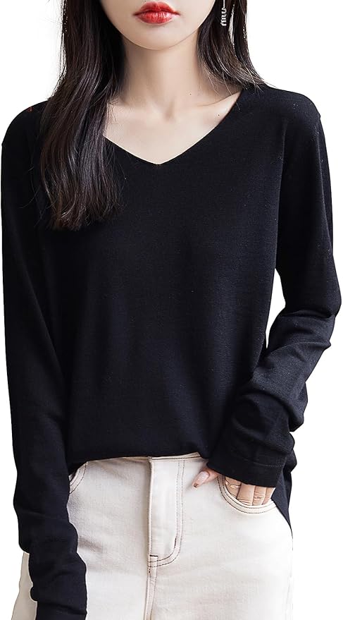 Chanyarn Women's 100% Merino Wool Base Layer Shirt Tops V Neck Long Sleeve Travel Hiking Tee T Shirt Pullover Sweater