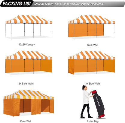 ABCCANOPY Heavy Duty Easy Pop up Canopy Tent with Sidewalls 10x20,Strip Orange