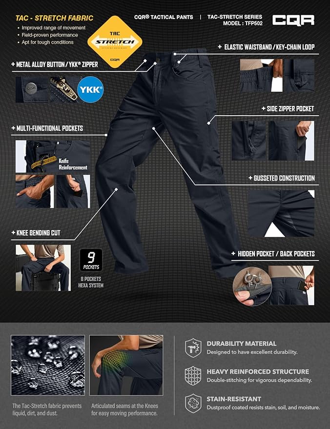CQR Men's Flex Stretch Tactical Pants, Water Resistant Ripstop Cargo Pants, Lightweight EDC Outdoor Work Hiking Pants
