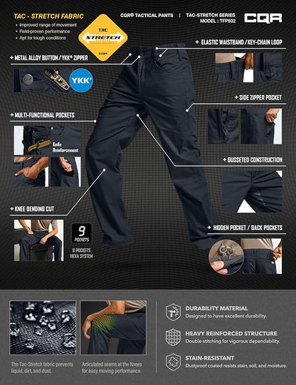 CQR Men's Flex Stretch Tactical Pants, Water Resistant Ripstop Cargo Pants, Lightweight EDC Outdoor Work Hiking Pants