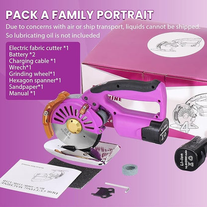 BAOSHISHAN Electric Fabric Rotary Cutter with 2x14.8V Battery Big Cordless Speed Adjustable Scissor 100mm/4inch Round Knife Leather Cutting Machine Suitable for Multi-Layer Fabric (Purple (Cordless))