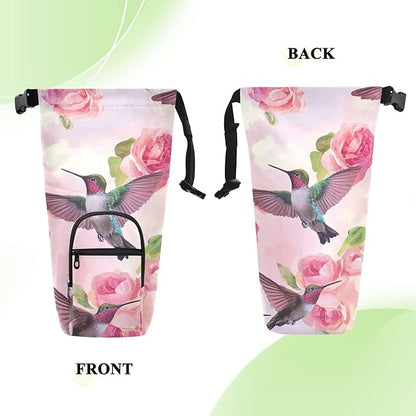 Pink Anna Hummingbird and Rose Water Bottle Holder with Strap Insulated Water Bottle Carrier Crossbody Bags Pouch with Phone Pocket for Travel Gym Hiking Walking Running