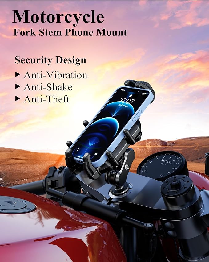 BRCOVAN Anti-Theft Motorcycle Fork Stem Phone Mount Holder with Vibration Dampener & High-Speed Secure Lock, Heavy Duty, Adjustable Size, Big Phone Friendly, Fit for 5.4-7.2'' Cellphone