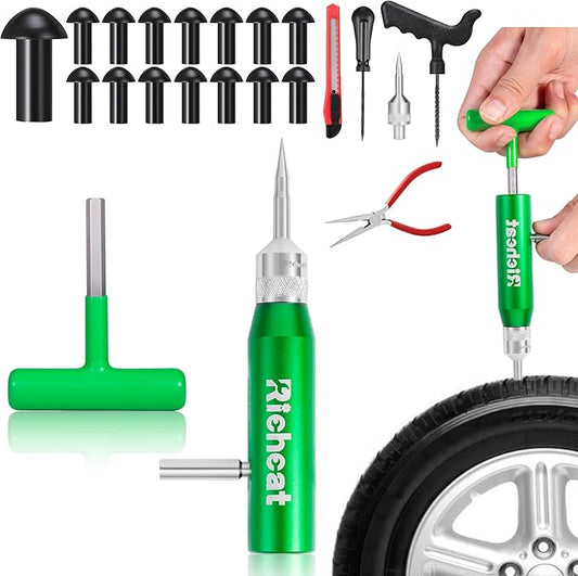 Richcat Tubeless Tire Puncture Repair Kit with Mushroom Plug, Repairs punctures and Flat Tires for Motorcycles, Cars, Trucks, ATVs and Tractors