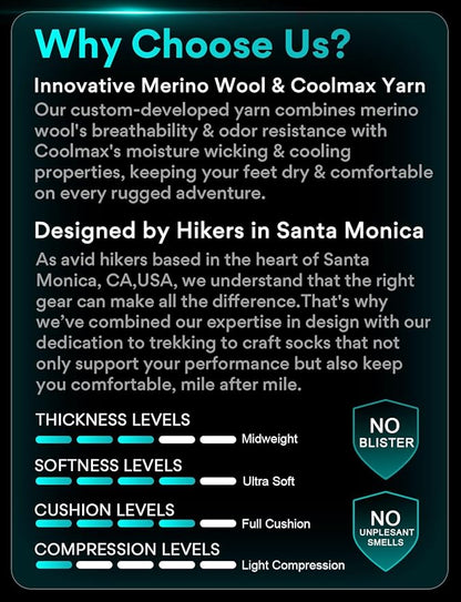 Merino Wool seamless Hiking Socks Moisture Wicking Anti-Blister Breathable Cushioned Compression Womens