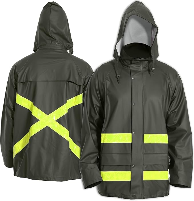 Hi-Vis Rain Jacket for Men – Waterproof Work Safety Coat with Reflective Strips, EN 343 Certified, Durable PU