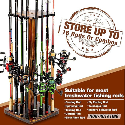 Ghosthorn Fishing Rod Holders for Garage 360 Degree Rotating Fishing Pole Rack, Floor Stand Holds up to 16 Rods Wood Fishing Gear Equipment Storage Organizer, Fishing Gifts for Men Women