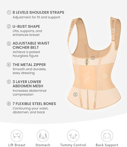 FeelinGirl Waist Trainer for Women Tummy Control Waist Cincher Belt Workout Body Shaper Vest with Adjustable Shoulder Strap
