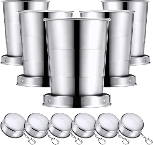 Tessco for you 6 Pieces Collapsible Shot Glasses Stainless Steel Collapsible Cup Reusable Portable Travel Folding Cup with Lid and Keychain for Camping Hiking Cycling(15 oz)