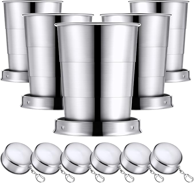 Tessco 6 Pieces Collapsible Shot Glasses Stainless Steel Collapsible Cup Reusable Portable Travel Folding Cup with Lid and Keychain for Camping Hiking Cycling(5 oz)