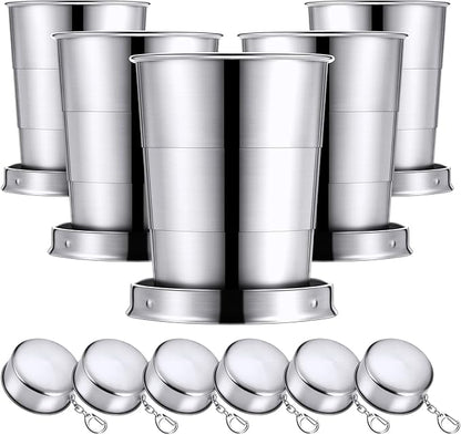 Tessco 6 Pieces Collapsible Shot Glasses Stainless Steel Collapsible Cup Reusable Portable Travel Folding Cup with Lid and Keychain for Camping Hiking Cycling(5 oz)