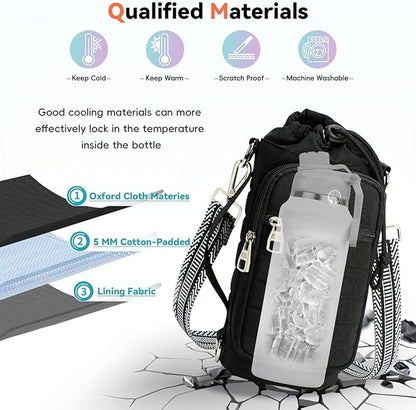 Water Bottle Carrier Bag with Strap, Sling Bag for Walking, Hiking, Cycling, Black, 40 Ounces