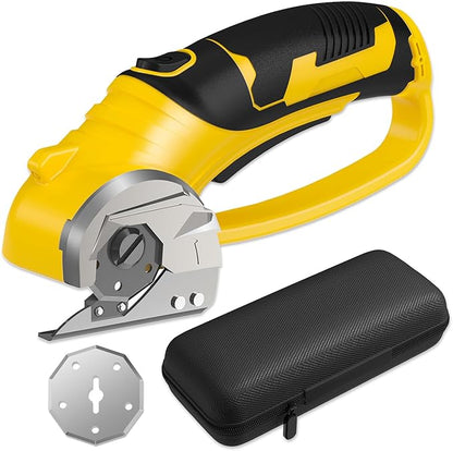 Cordless Electric Scissors, 4V Box Cutter & Cardboard Cutter with 2 Titanium Blades - Rotary Cutter with LED Light for Fabric, Leather, Carpet, Plastic, Crafting + Storage Case (Yellow)