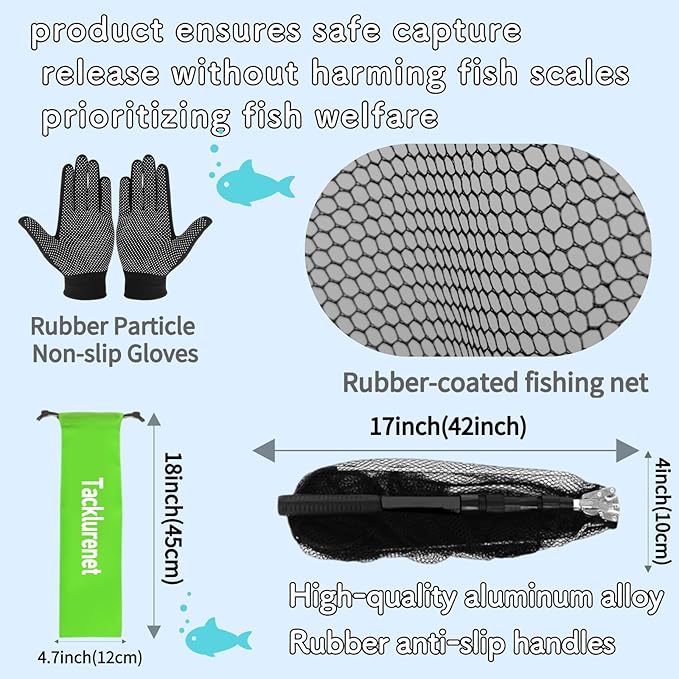 Folding Kayak Fishing Net with Aluminum Alloy Frame Rubber-Coated Nylon Net for Small Fishing Net Fishing Landing Net for Non-Slip Gloves Storage Bag